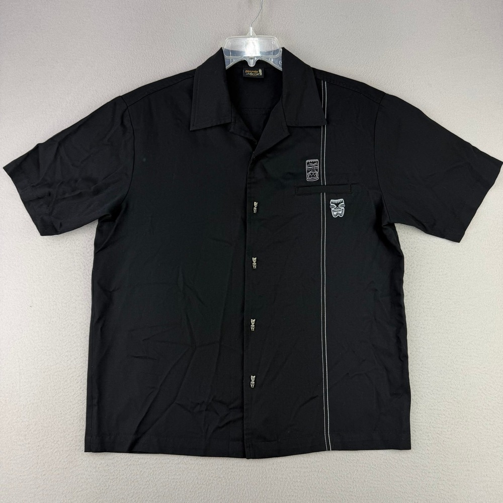 VTG Steady Last Call Tiki Button Up Shirt Mens M Black Rockabilly USA Vacation